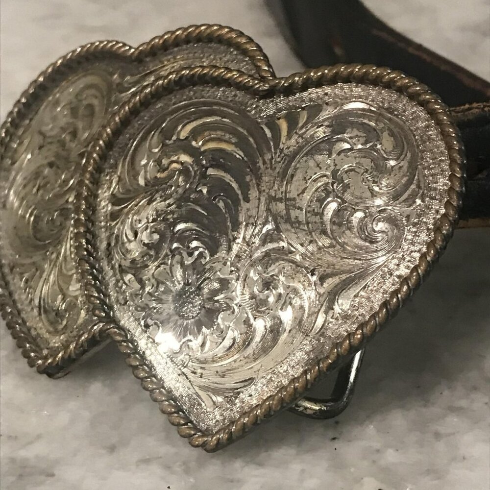 Dan Post Belt Women 32 Black Brown Cowhide Double Heart Buckle Western Rodeo USA - Picture 3 of 10